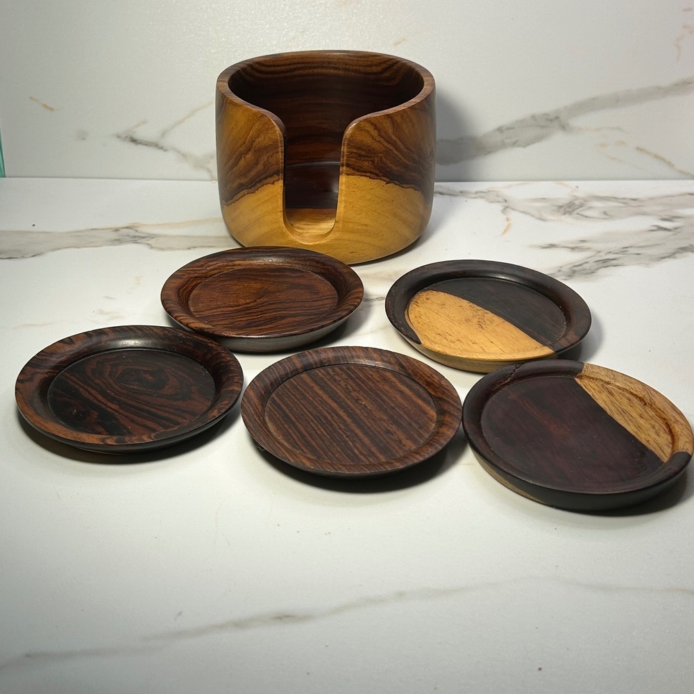 Vintage Handcrafted Solid Wood Coaster Set of 5 with Matching Caddy Holder